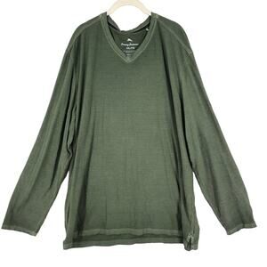 Tommy Bahama T Shirt Mens Size XXL Green Solid Stretch Cotton V-Neck Long Sleeve